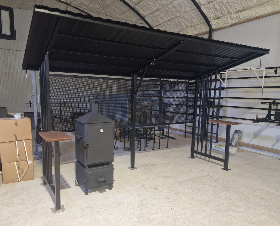 Canopy for barbecue with a metal roof